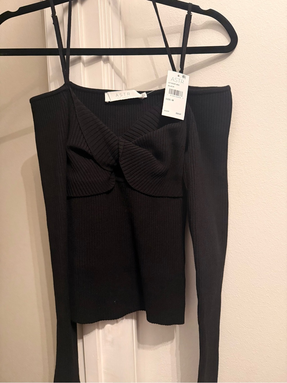 Astr Black Ribbed Off-Shoulder Twist Front Top